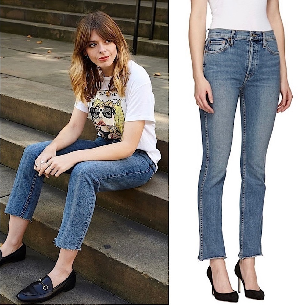 NWT RE/DONE 70s High Waist Distressed Stretch Denim Fray Hem Slim Flare Jean 26